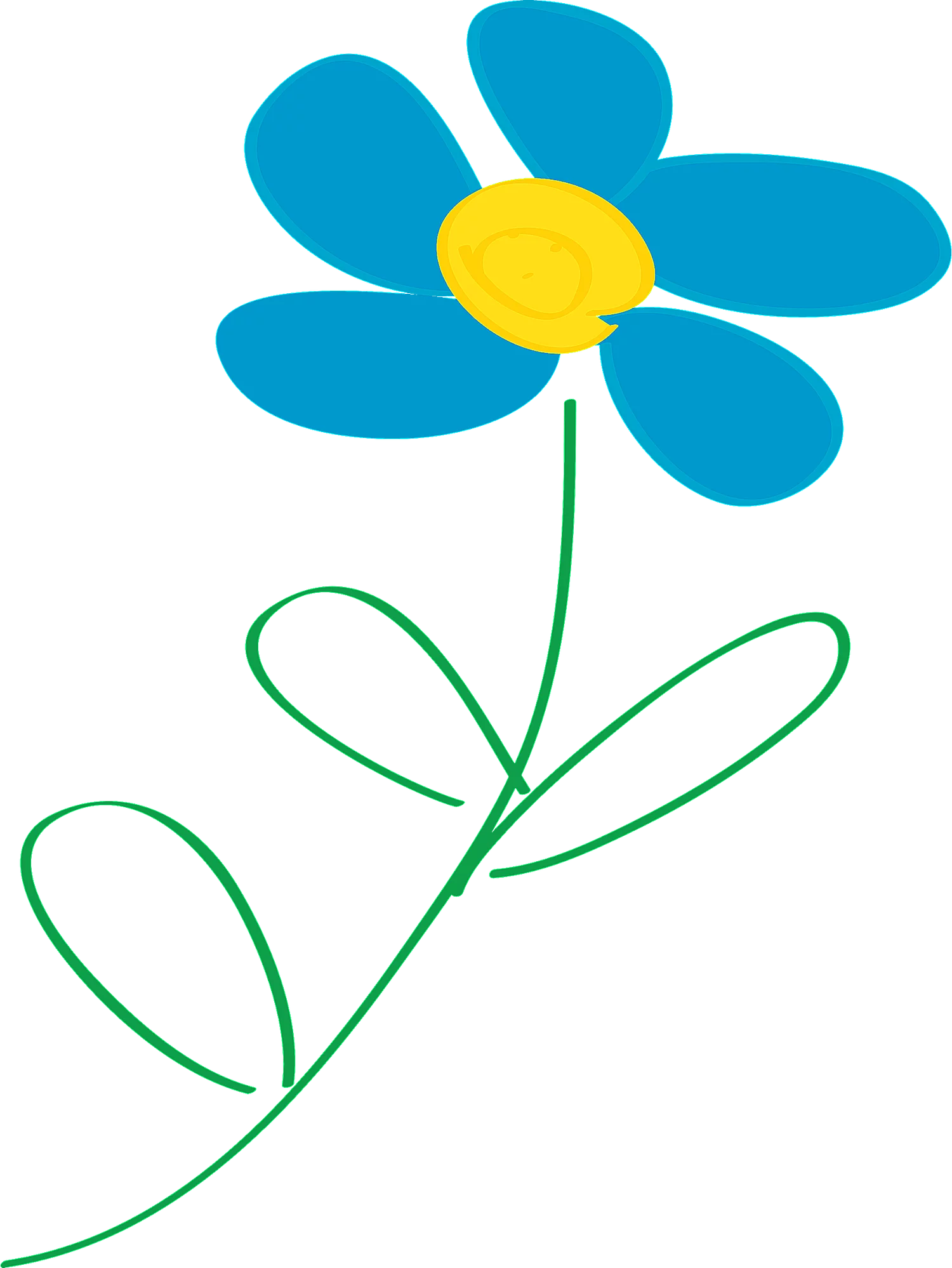 Simple Blue Flower with Yellow Center and Green Stem - Minimalist Floral Clipart