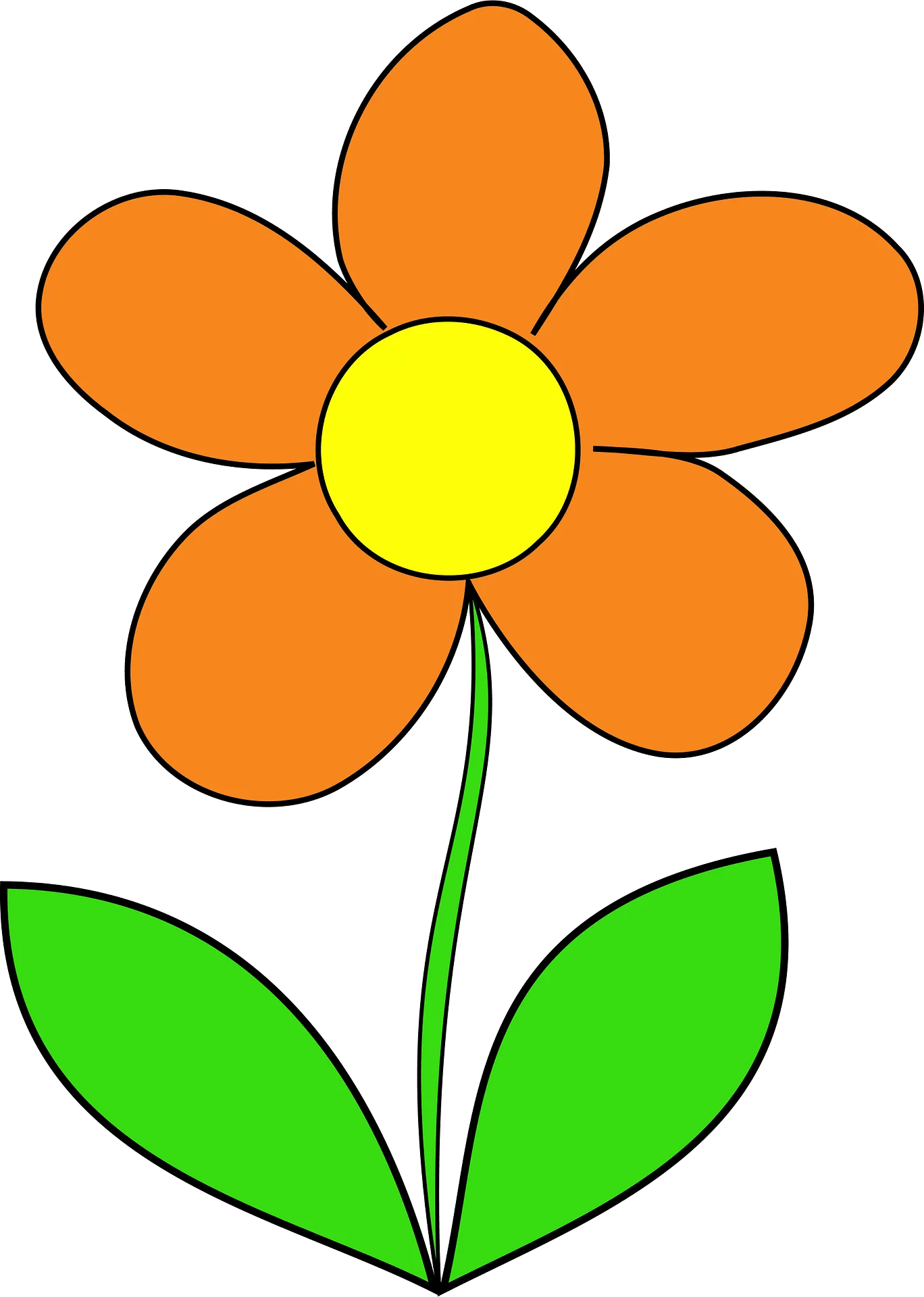 Simple Orange Flower with Bright Yellow Center and Green Leaves Clipart