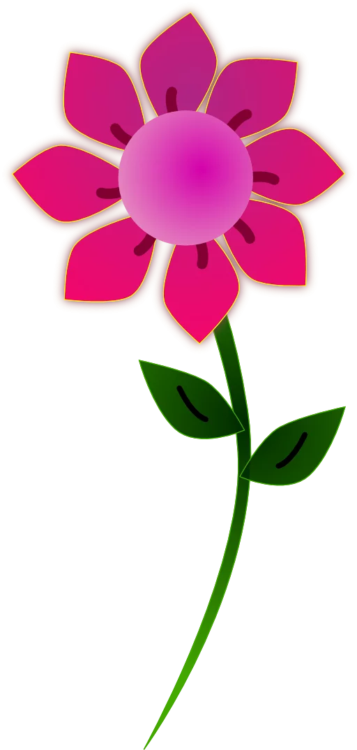 Vibrant Pink Flower Clipart with Green Stem and Leaves - Decorative Botanical Illustration