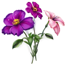 Vibrant Purple and Pink Floral Botanical Illustration with Green Stems Clipart