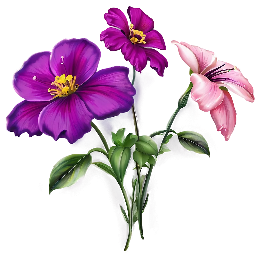 Vibrant Purple and Pink Floral Botanical Illustration with Green Stems Clipart