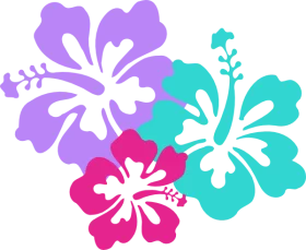 Vibrant Tropical Hibiscus Flower Trio in Purple, Turquoise, and Pink Clipart