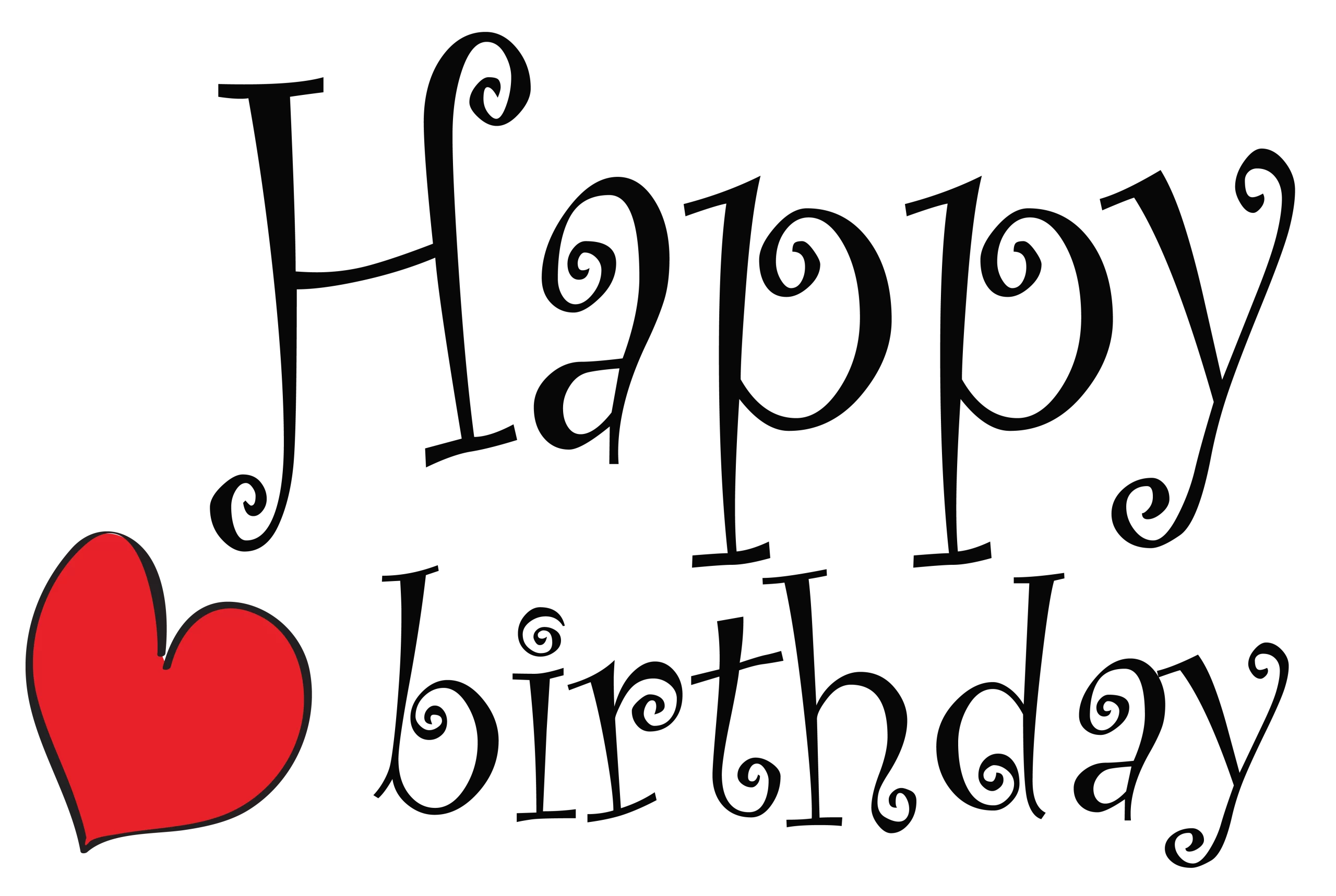 Whimsical Happy Birthday Text with Red Heart - Decorative Birthday Clipart