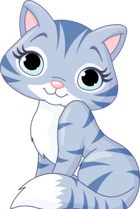 Adorable Blue Striped Cartoon Cat with Big Expressive Eyes and Fluffy Tail