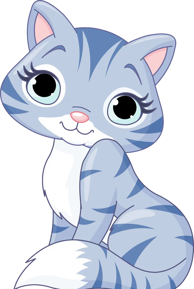 Adorable Blue Striped Cartoon Cat with Big Expressive Eyes and Fluffy Tail