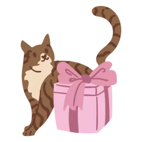 Adorable Brown Tabby Cat Playing with Pink Gift Box Ribbon Clipart