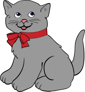 Adorable Gray Cartoon Kitten with Red Bow Tie Collar Clipart Illustration