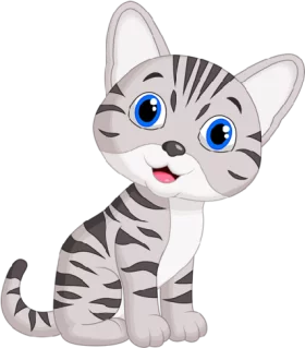 Adorable Gray Tabby Kitten Cartoon with Big Blue Eyes and Striped Tail Clipart