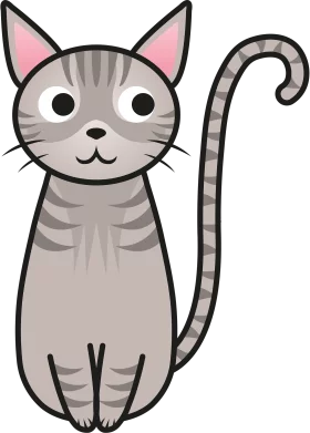 Adorable Gray Tabby Kitten with Pink Inner Ears and Curly Striped Tail Cartoon Clipart