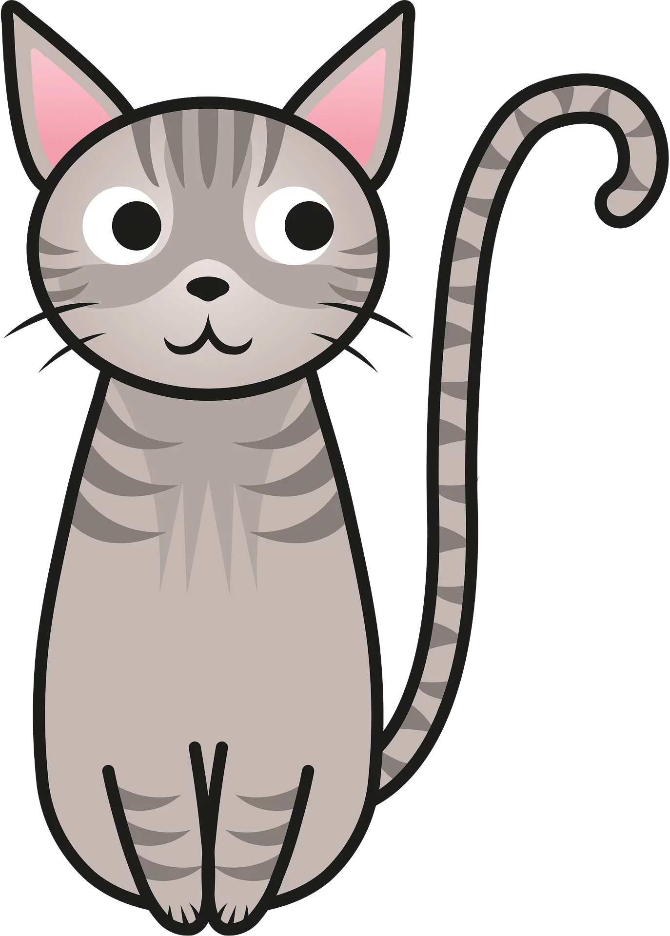 Adorable Gray Tabby Kitten with Pink Inner Ears and Curly Striped Tail Cartoon Clipart