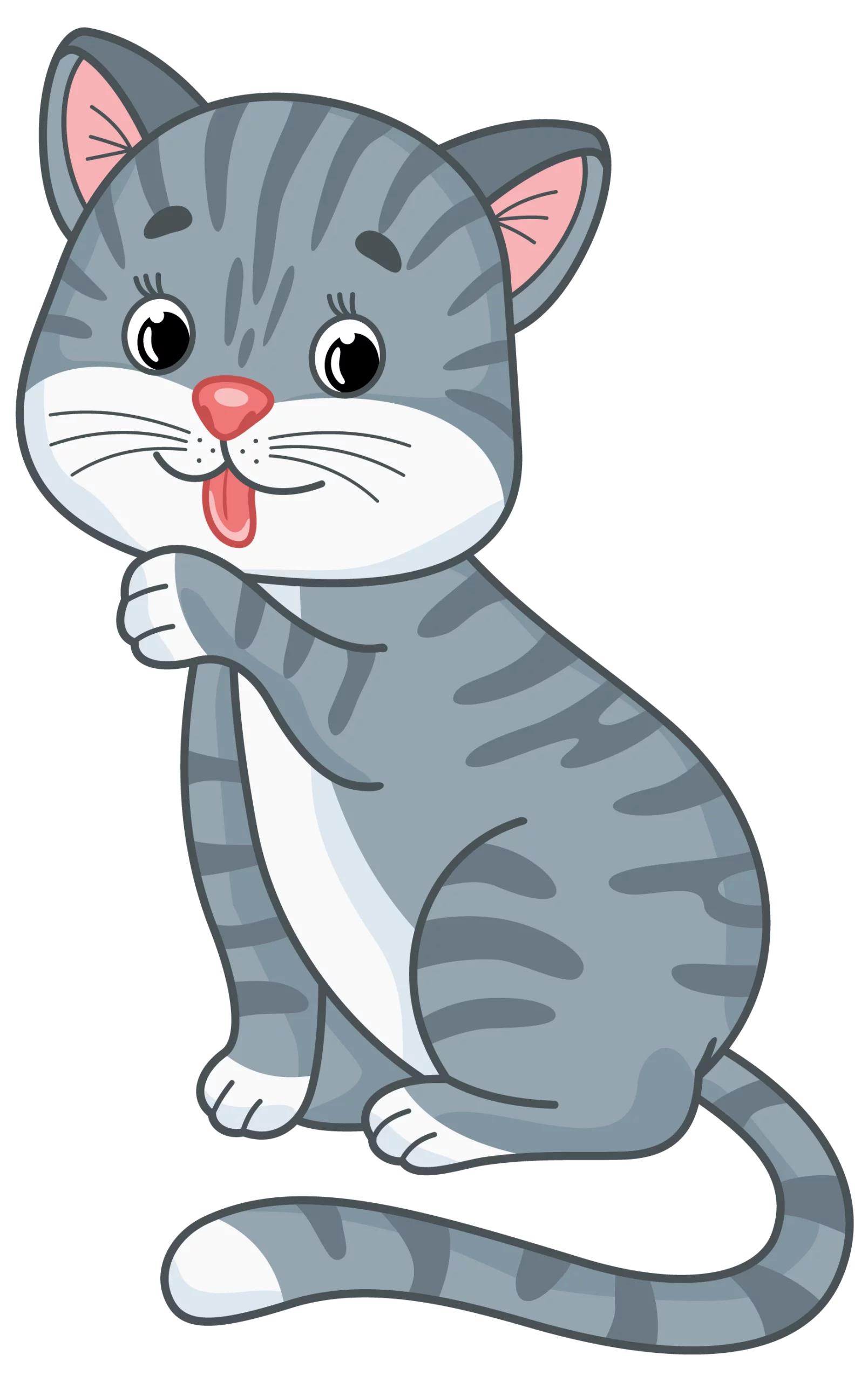 Adorable Grey Tabby Cat Cartoon with Pink Tongue and Expressive Eyes