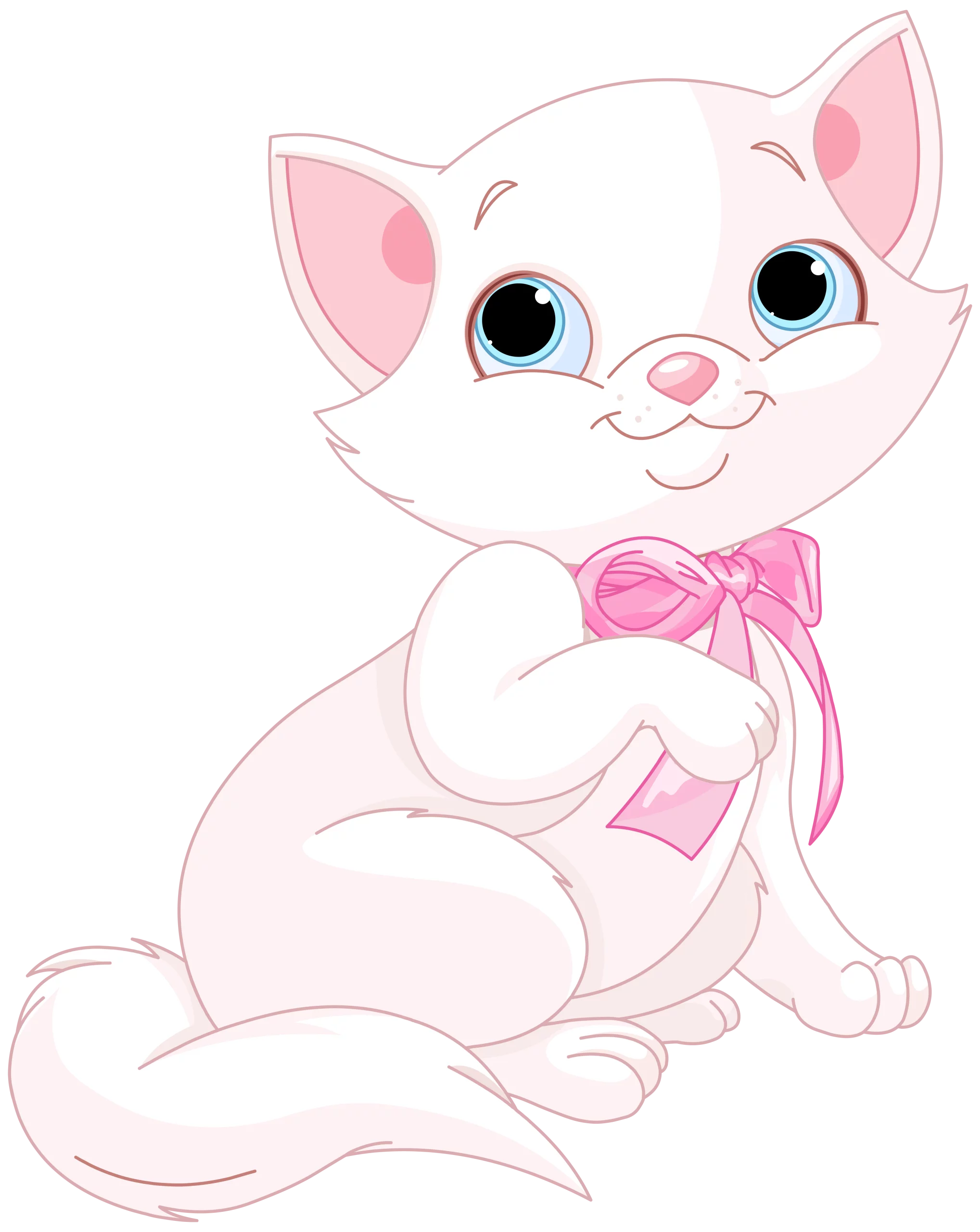 Adorable White Cartoon Kitten with Pink Bow and Big Blue Eyes Clipart