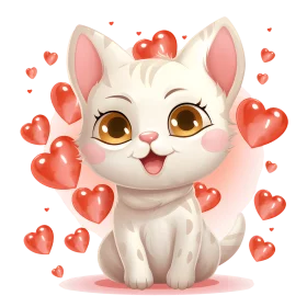 Adorable White Kitten Surrounded by Love Hearts Cute Valentine Clipart