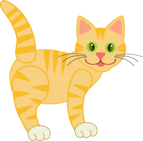 Adorable Yellow Tabby Cat with Green Eyes and Striped Tail Cartoon Clipart