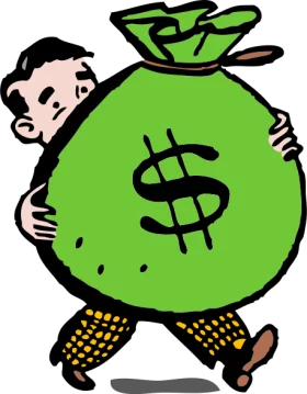 Cartoon Character Struggling with Oversized Green Money Bag Dollar Sign Clipart