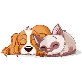 Peaceful Slumber: Adorable Cartoon Dog and Cat Cuddling in Sweet Dreams