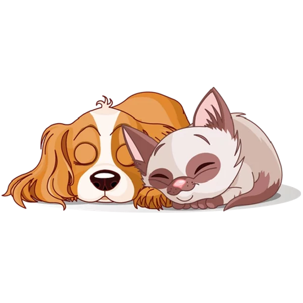 Peaceful Slumber: Adorable Cartoon Dog and Cat Cuddling in Sweet Dreams