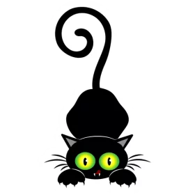 Playful Black Cat with Curly Tail and Bright Green Eyes Peeking Clipart