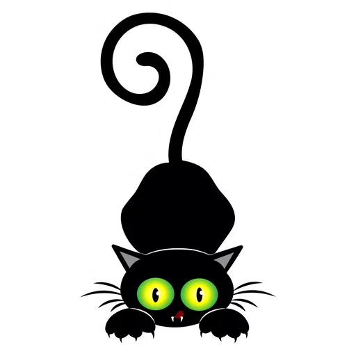 Playful Black Cat with Curly Tail and Bright Green Eyes Peeking Clipart