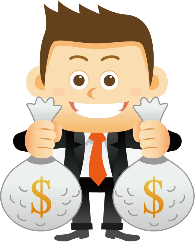 Successful Businessman Holding Money Bags with Dollar Signs Cartoon Clipart