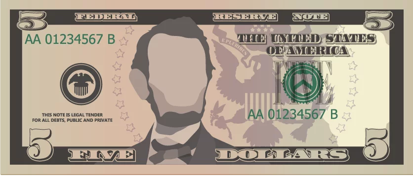 United States Five Dollar Bill Currency with Blank Portrait Area Clipart