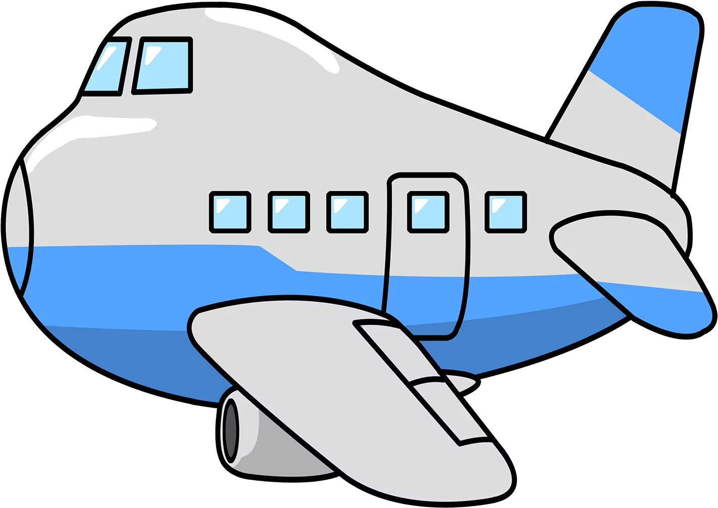 Adorable Cartoon Passenger Airplane Clipart with Blue and Grey Color Scheme