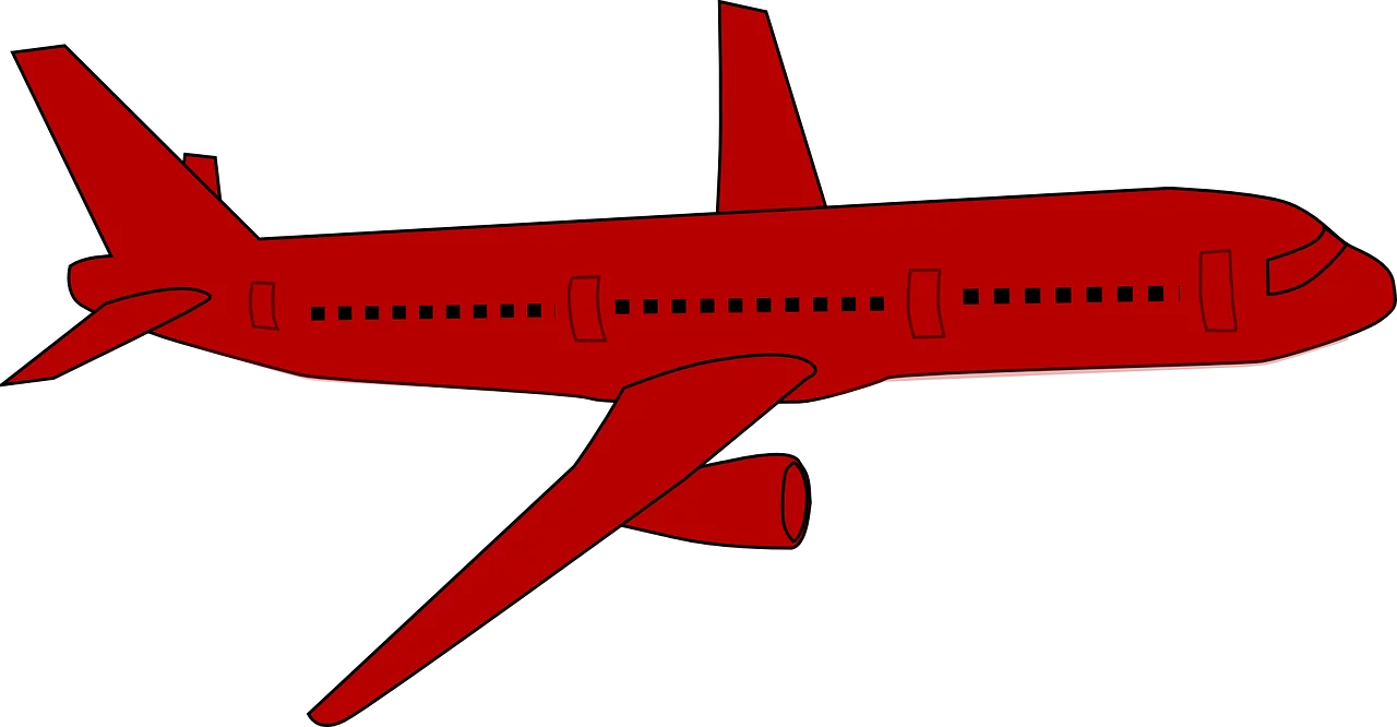 Bright Red Commercial Passenger Airplane Silhouette in Simple Clipart Style for Transportation Graphics