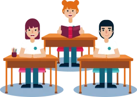 Classroom Learning Scene with Students at Desks Illustrated in Colorful Clipart Style