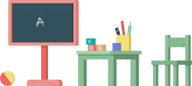 Colorful Elementary Classroom Setup with Chalkboard and Desk Clipart Illustration