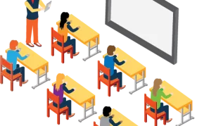 Colorful Isometric Classroom with Students at Desks Clipart Illustration