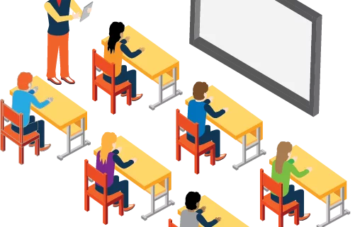 Colorful Isometric Classroom with Students at Desks Clipart Illustration