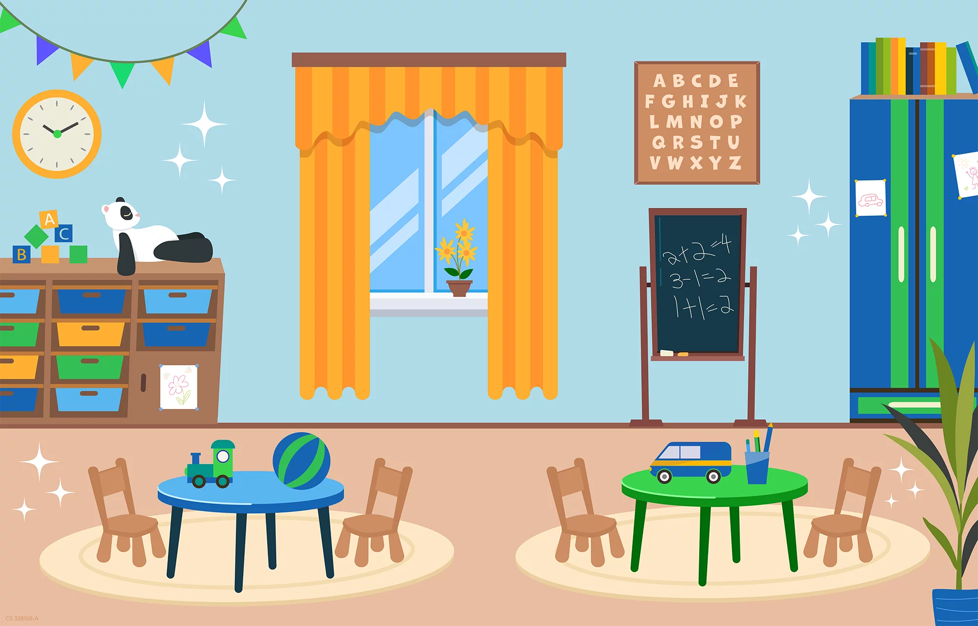 Colorful Preschool Classroom with Learning Centers and Educational Toys Clipart