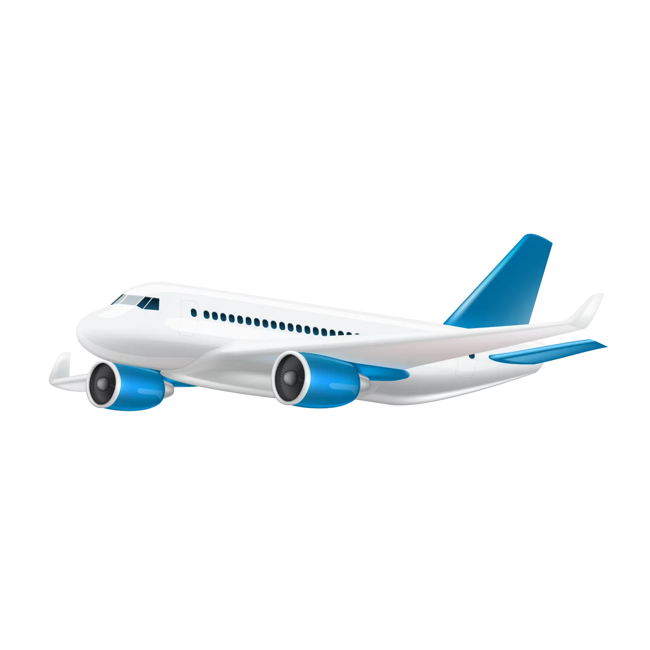 Commercial Passenger Airplane Flying in Sky with Blue Engines and Tail Clipart