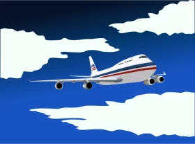 Commercial Passenger Airplane Soaring Through Blue Sky with White Clouds Clipart