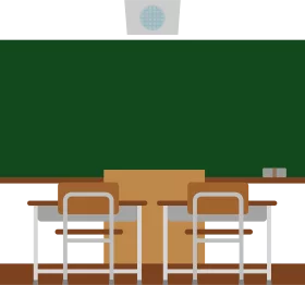 Elementary School Classroom Interior with Chalkboard and Desks Clipart