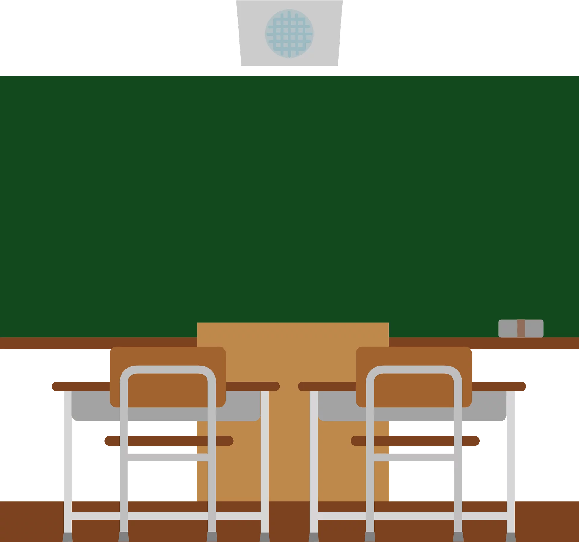 Elementary School Classroom Interior with Chalkboard and Desks Clipart