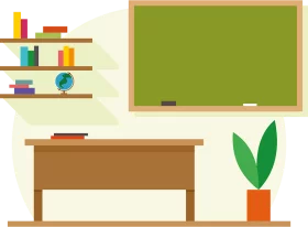 Elementary School Classroom Interior with Desk and Chalkboard Educational Clipart