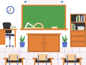 Elementary School Classroom Interior with Green Chalkboard and Furniture Clipart