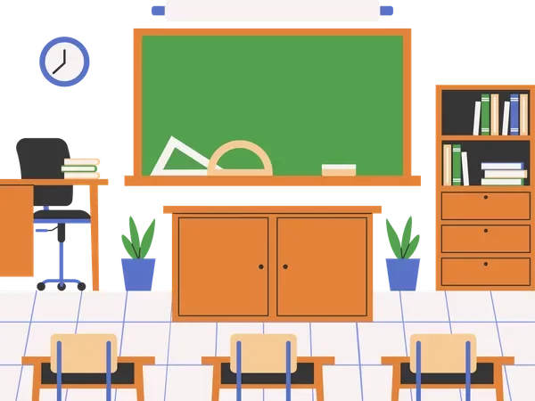 Elementary School Classroom Interior with Green Chalkboard and Furniture Clipart