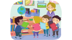 Elementary School Classroom Learning Environment with Teacher and Students Clipart