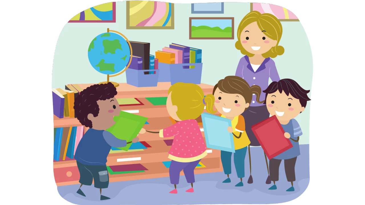 Elementary School Classroom Learning Environment with Teacher and Students Clipart