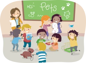 Elementary School Classroom Pet Day with Diverse Children Learning About Animals Clipart