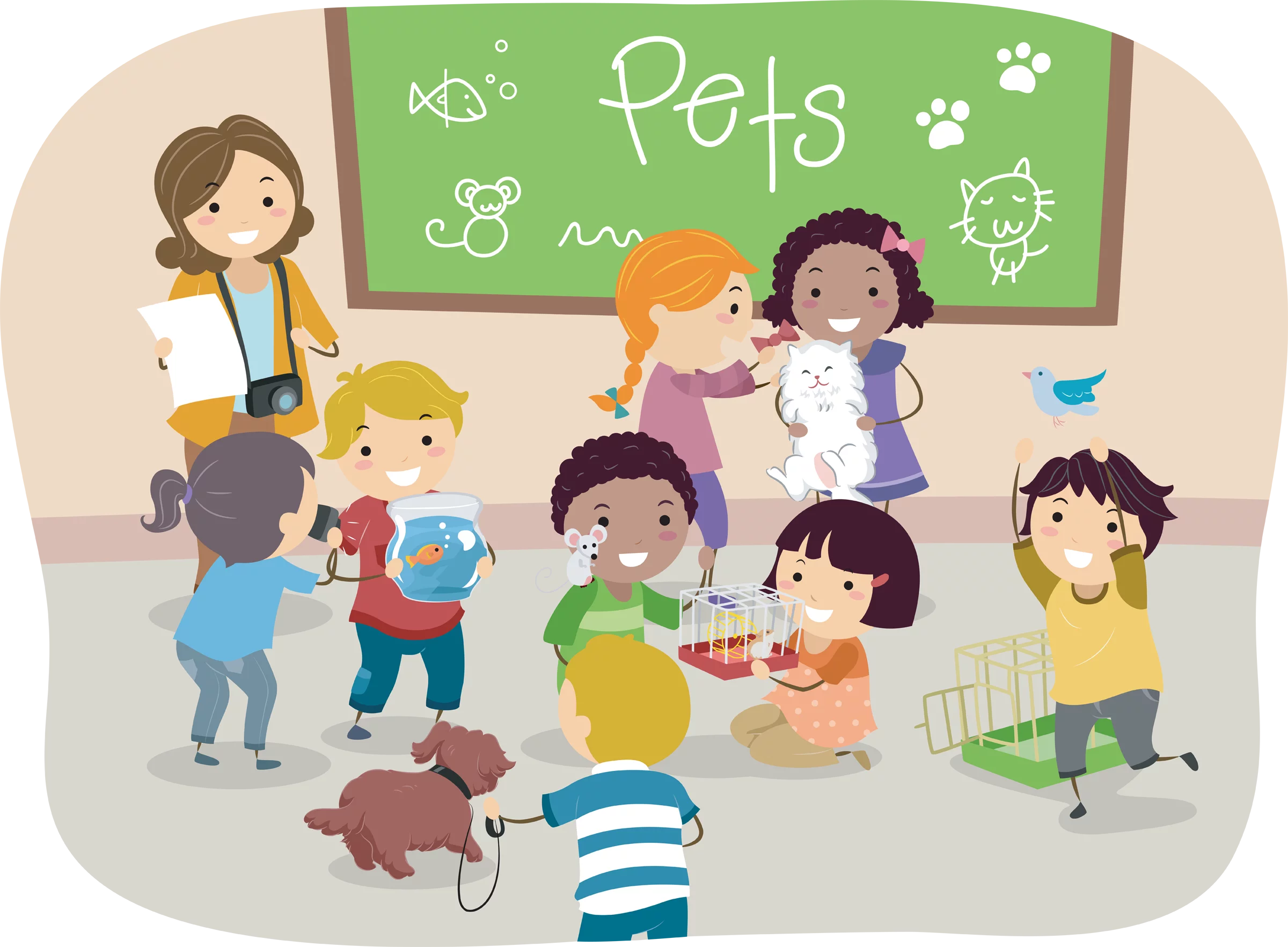 Elementary School Classroom Pet Day with Diverse Children Learning About Animals Clipart