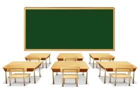 Empty Classroom with Wooden Desks and Green Chalkboard Educational Clipart