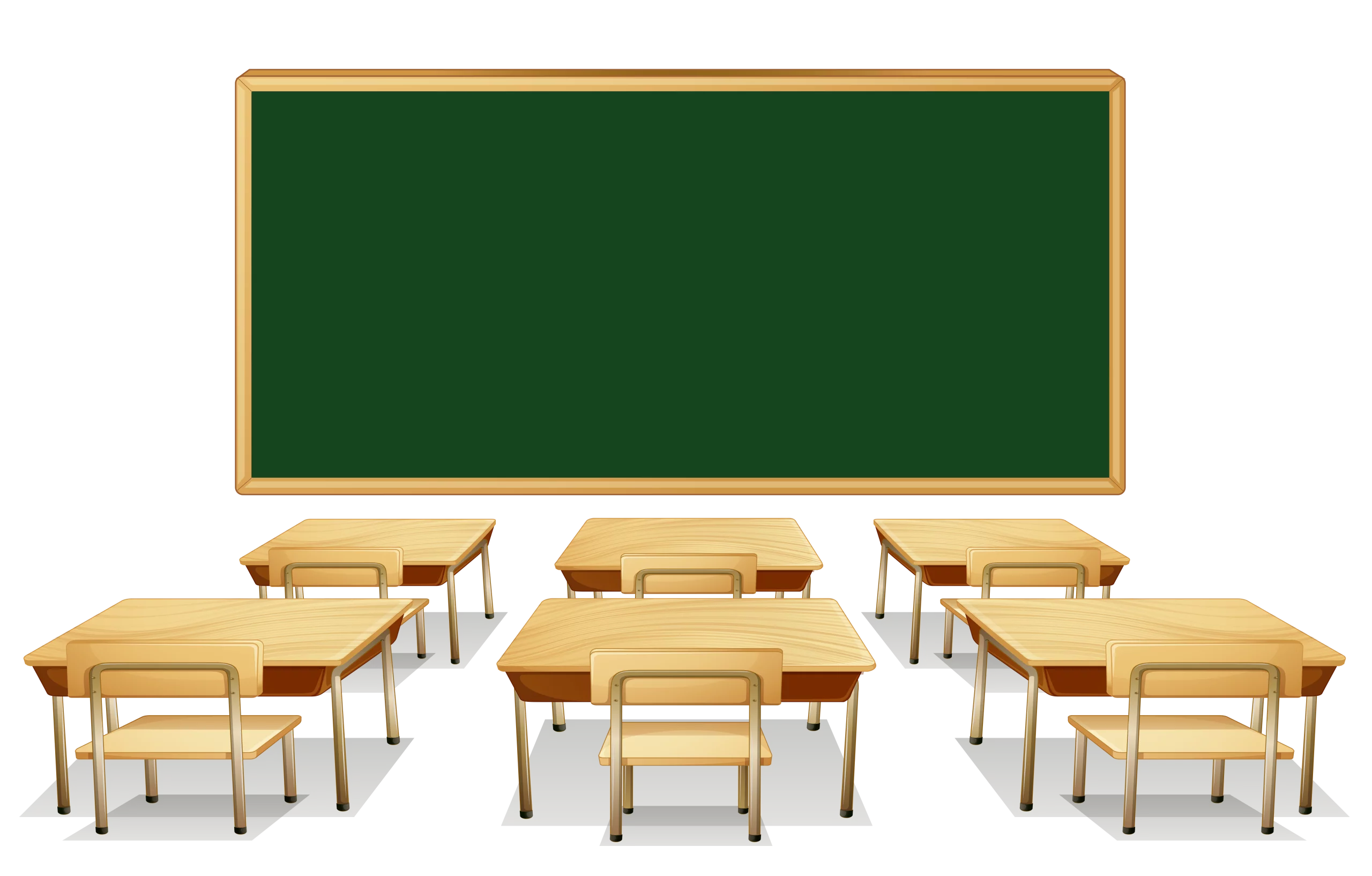 Empty Classroom with Wooden Desks and Green Chalkboard Educational Clipart