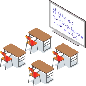 Isometric Classroom Setup Clipart with Student Desks and Mathematical Equations Display