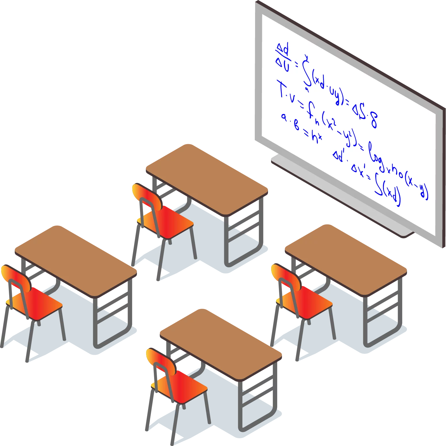 Isometric Classroom Setup Clipart with Student Desks and Mathematical Equations Display