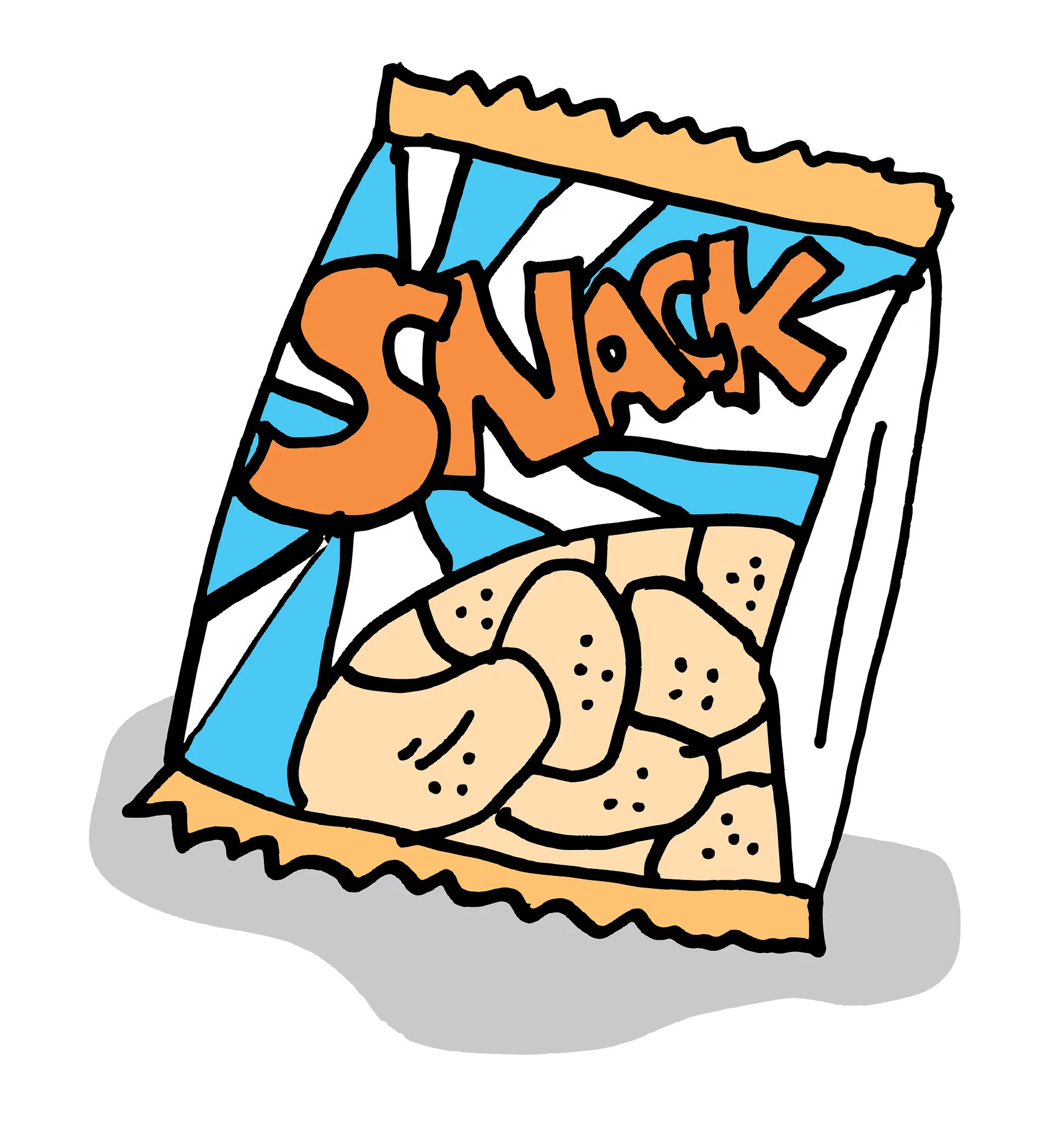 Cartoon Style Snack Bag with Crunchy Potato Chips Inside - Food Pouch Clipart