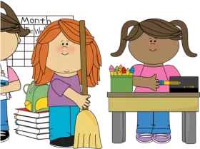 Colorful Classroom Clipart of Children Helping with Cleanup and Organization Tasks