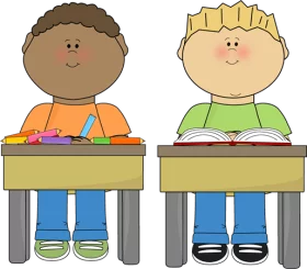 Colorful Elementary School Classroom Clipart: Diverse Students at Learning Desks